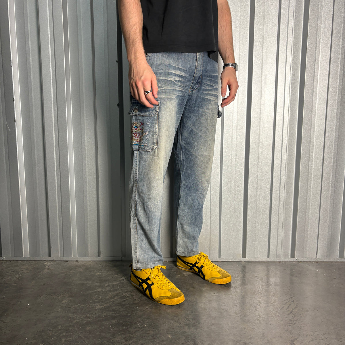 Embroidered Blue Cargo Japanese Denim Hip Hop Y2K Baggy Jeans - 34S