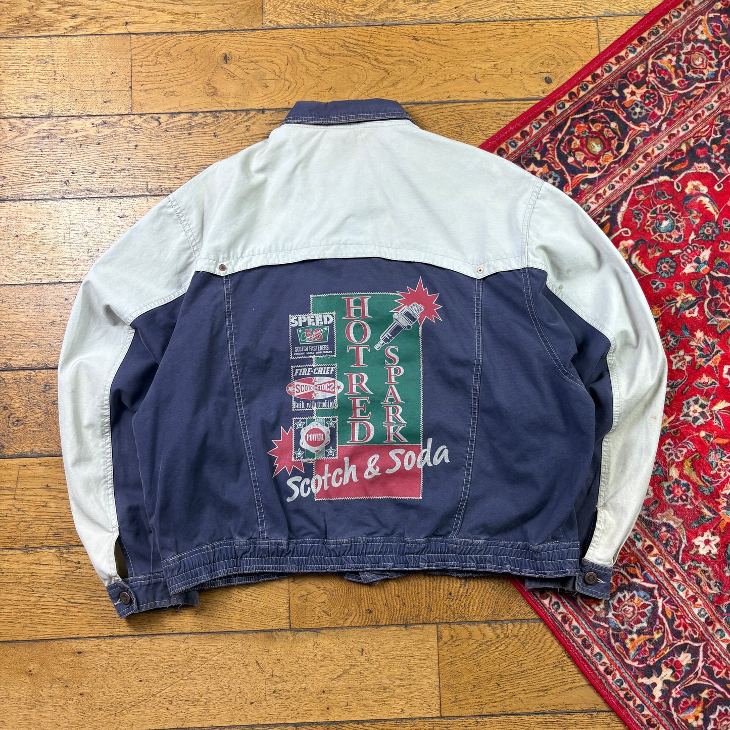 Vintage Trucker Style Cream Blue Workwear Cropped Jacket - XL