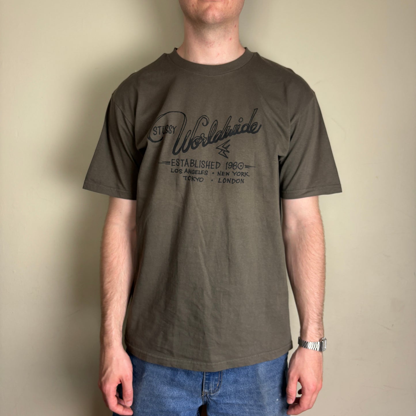 Vintage Stussy Khaki Green Brown Graphic T-Shirt - M