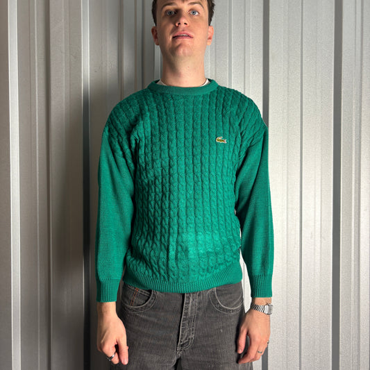 Vintage Chemise Lacoste Green Cable Fisherman Wool Chunky Knit Jumper - S