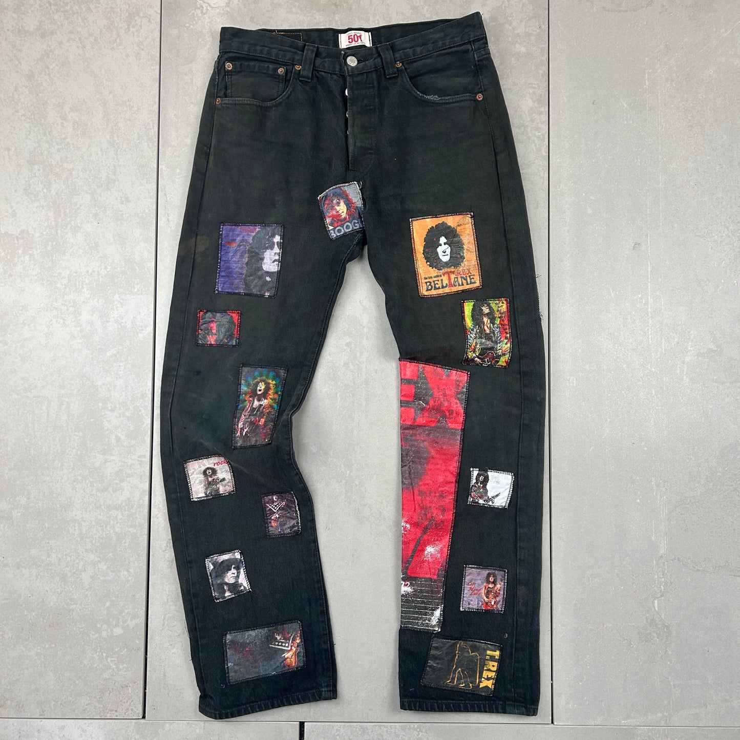 Vintage Levis 501 Patchwork T. Rex Black Denim Straight Jeans - 32