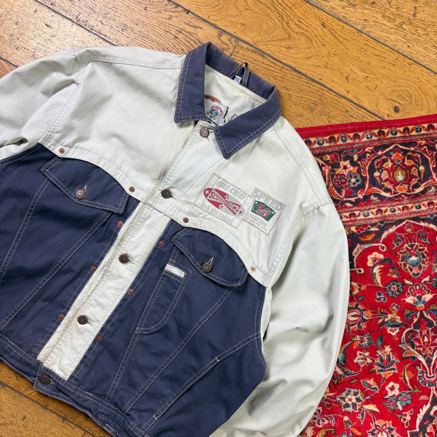 Vintage Trucker Style Cream Blue Workwear Cropped Jacket - XL