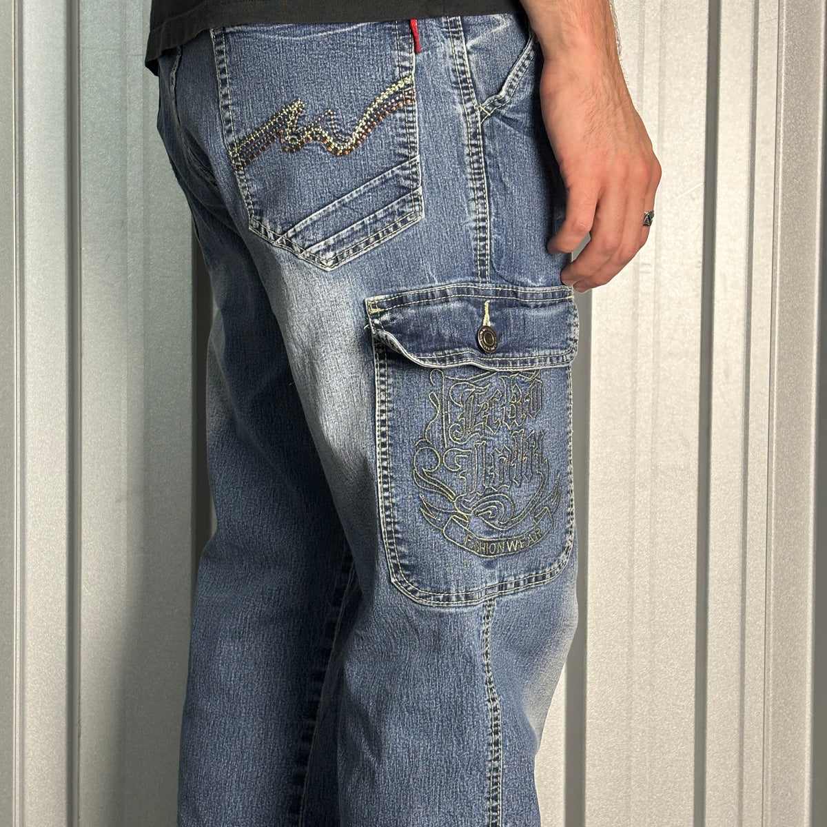 Embroidered Blue Cargo Japanese Denim Hip Hop Y2K Baggy Jeans - 36S