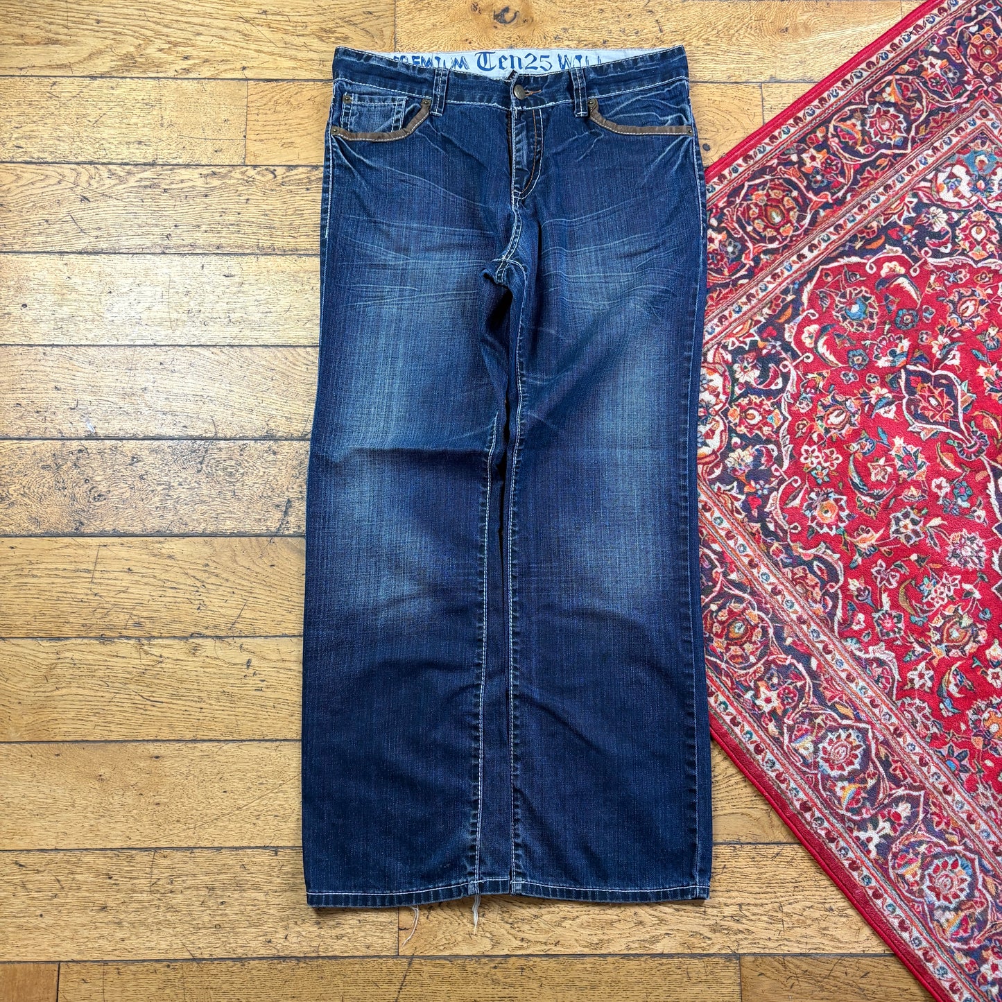 Vintage Blue Embroidered Y2K Hip Hop Baggy Jeans - 38