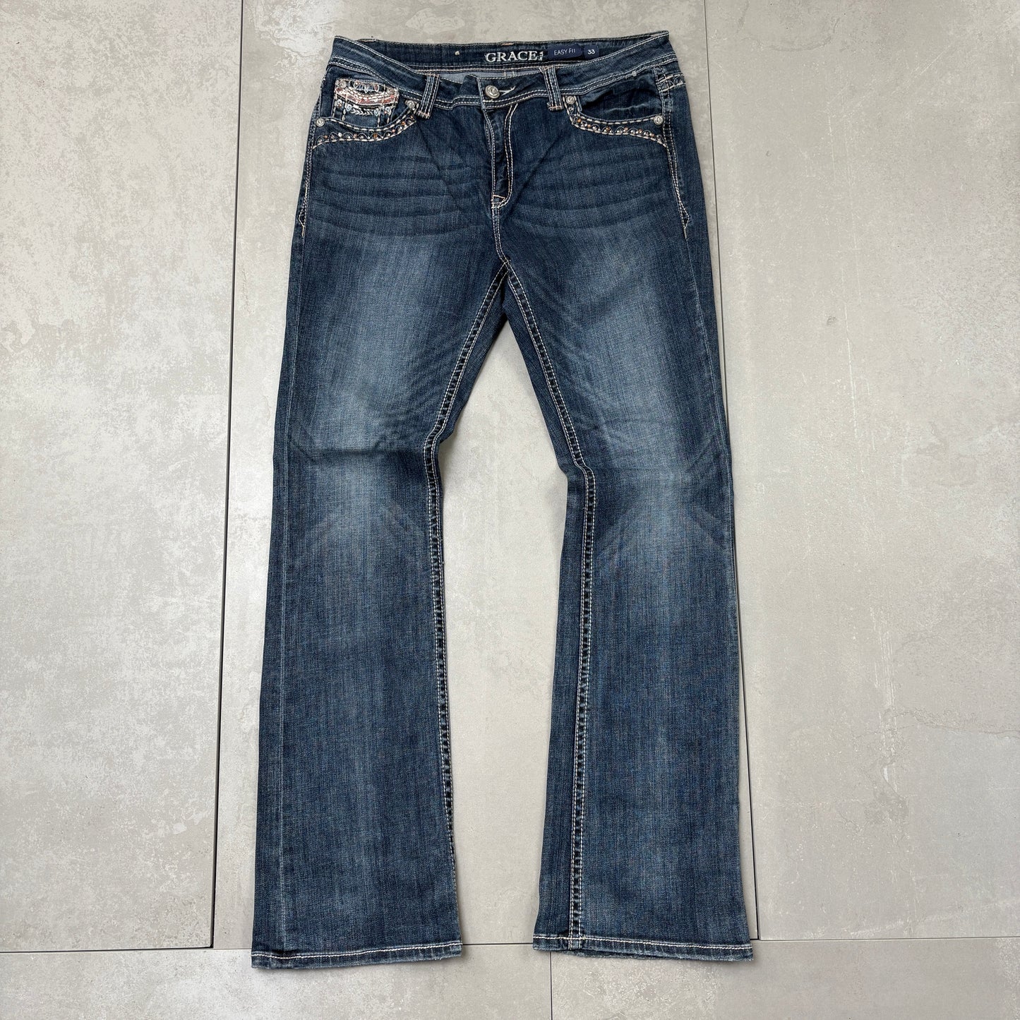 Vintage Y2K Grace Rhinestone Embroidered Flared Bootcut Denim Jeans - Size 16