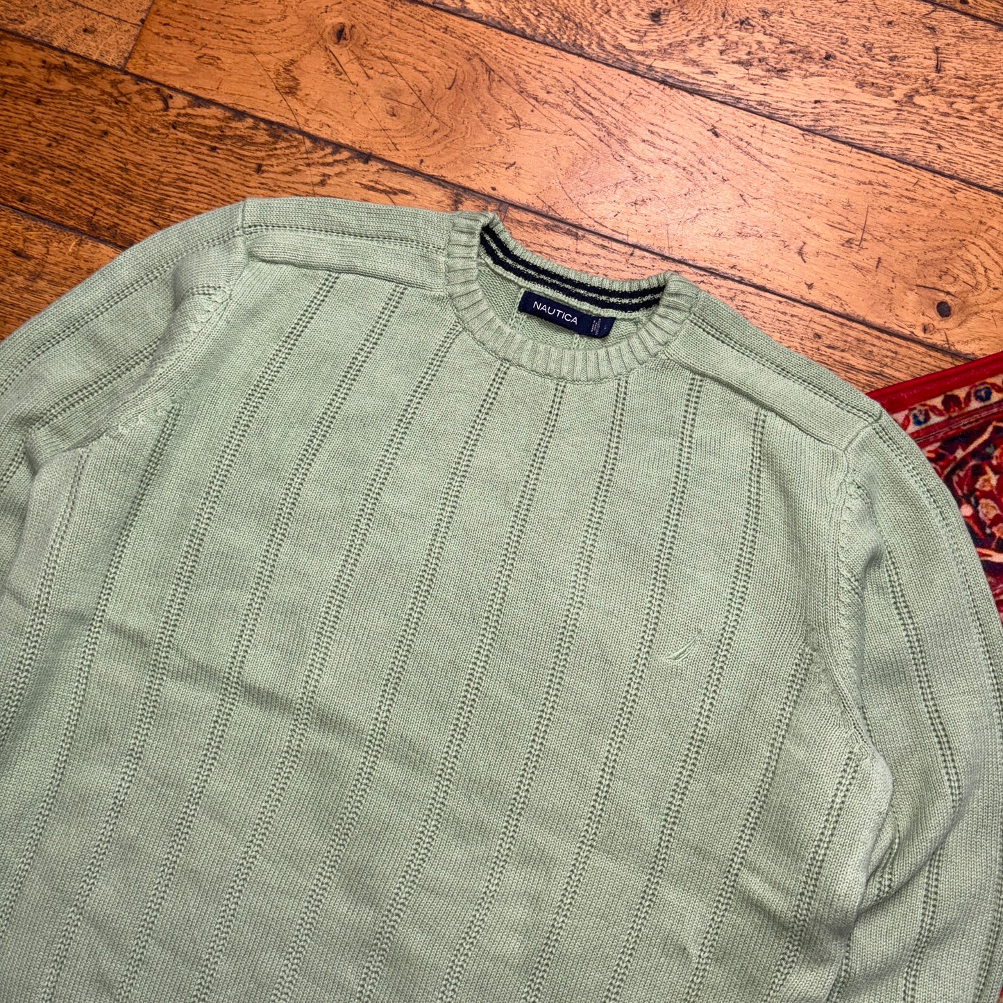 Vintage Nautica Light Green Cable Embroidered Knit Jumper - XL