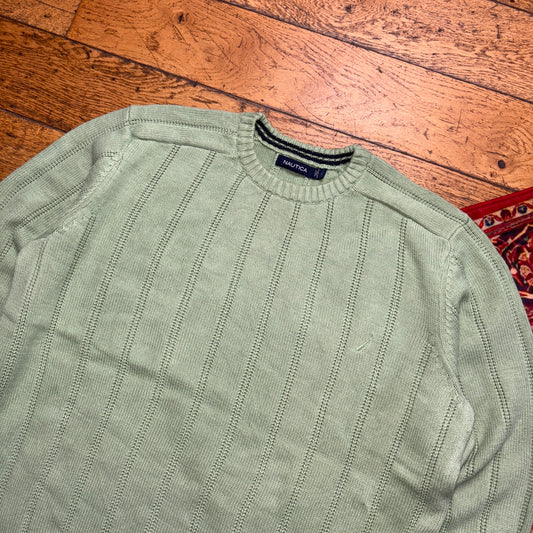 Vintage Nautica Light Green Cable Embroidered Knit Jumper - XL