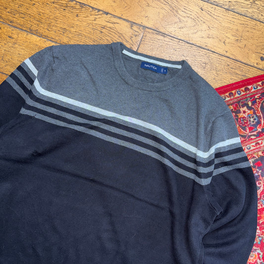 Vintage Nautica Stripe Black Grey Embroidered Knit Jumper - XL