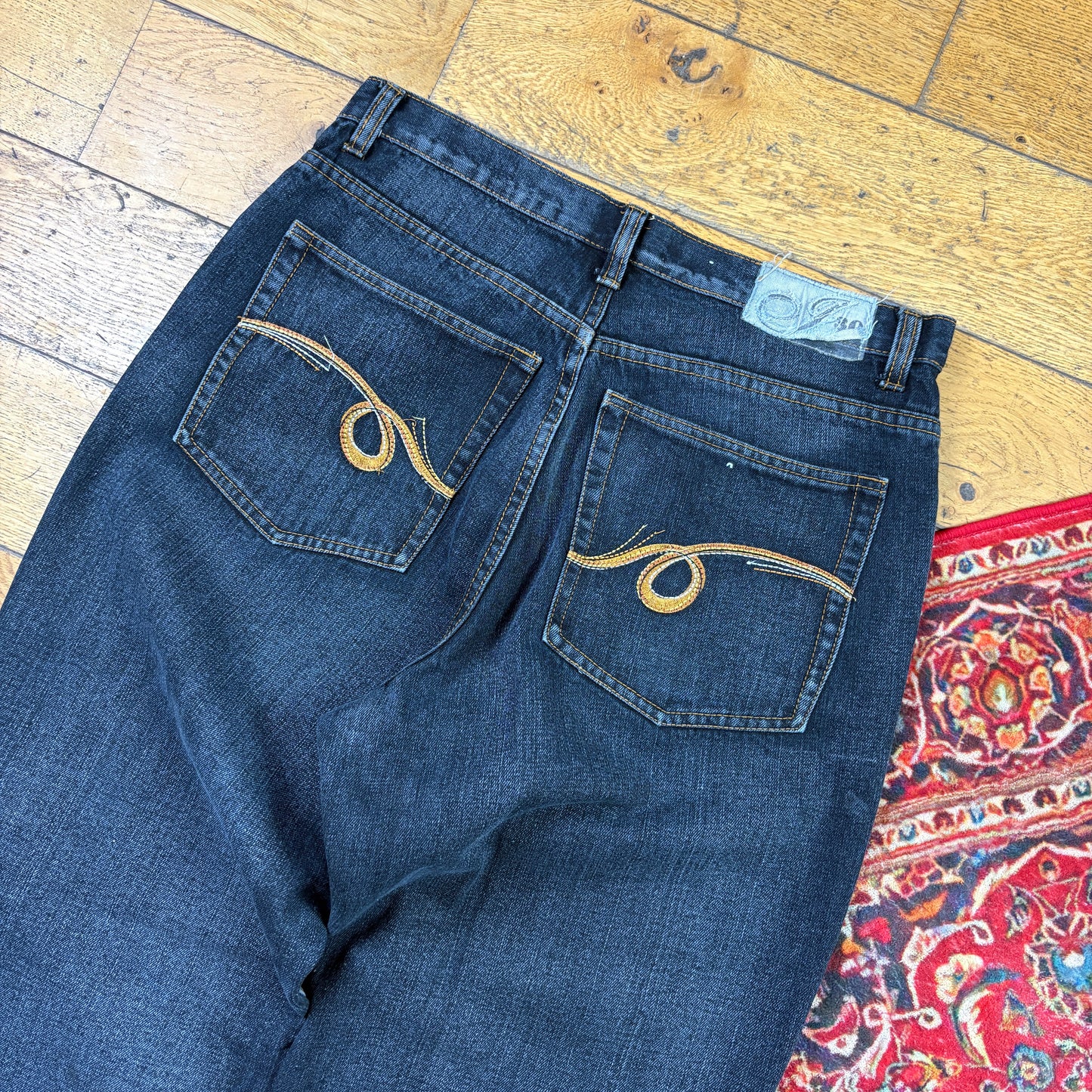Vintage Blue Embroidered Y2K Hip Hop Baggy Jeans - 34