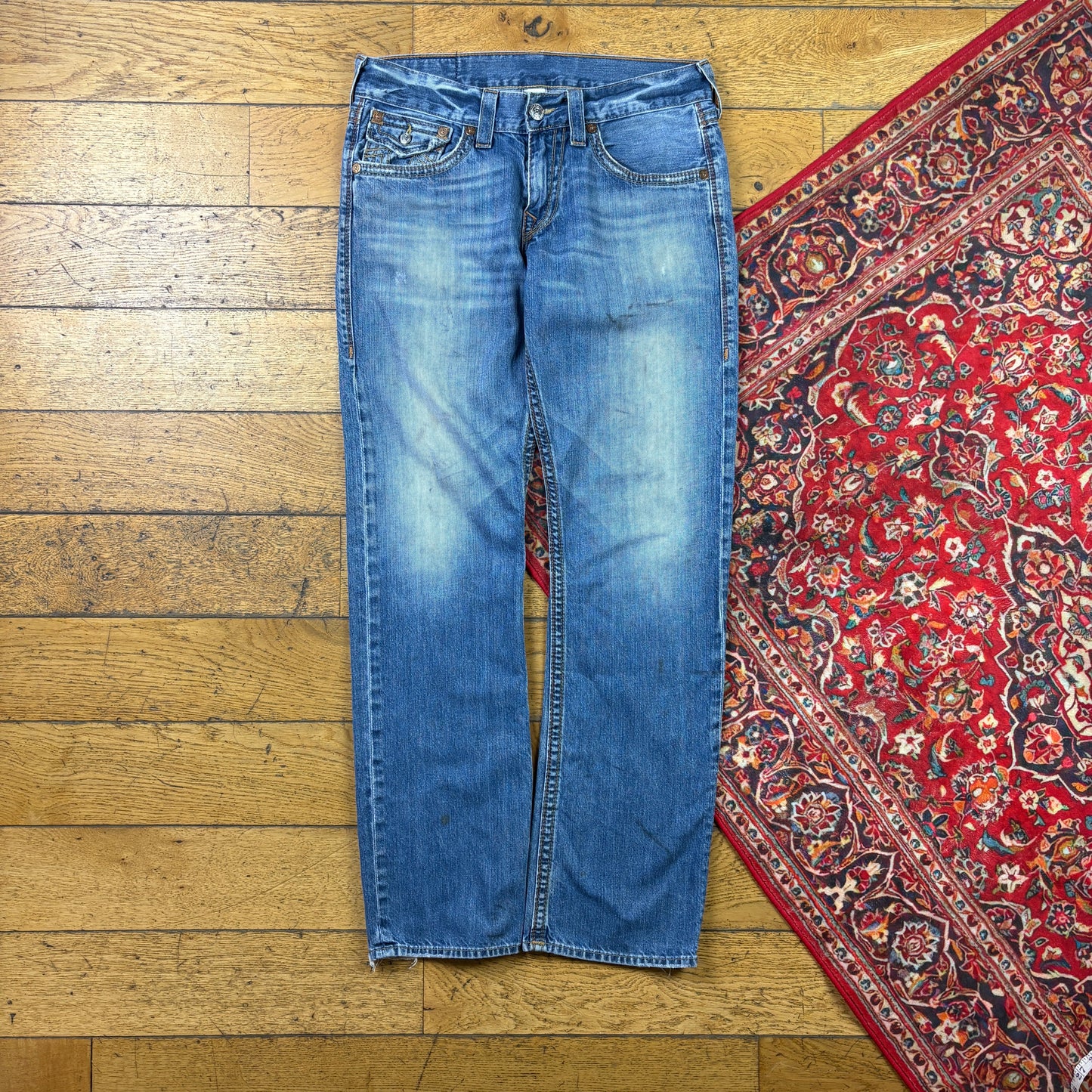 Vintage True Religion Blue Embroidered Y2K Hip Hop Straight Jeans - 32