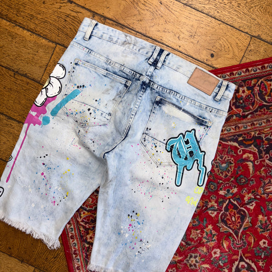 Vintage Blue Graffiti Denim slim Shorts - 38