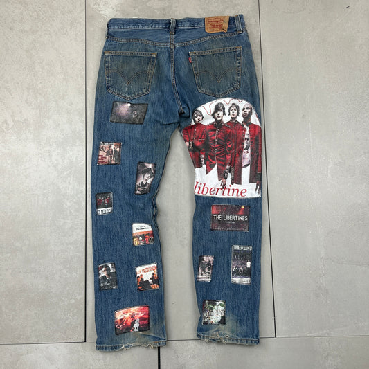 Vintage Levis 501 Patchwork The Libertines Blue Denim Straight Jeans - 36