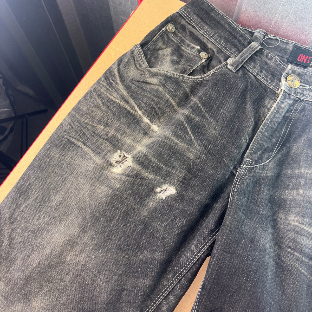 Oniarai Black Embroidered Japanese Denim Hip Hop Y2K Straight Jeans - 30S