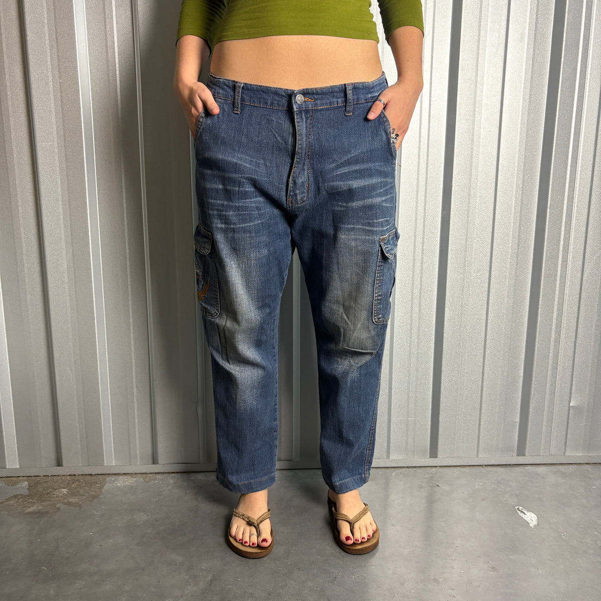 Embroidered Blue Cargo Japanese Denim Hip Hop Y2K Baggy Jeans - 34S