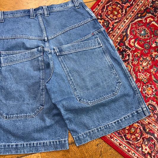 Vintage JNCO Style Embroidered Hip Hop Blue Baggy Shorts Jorts - 34
