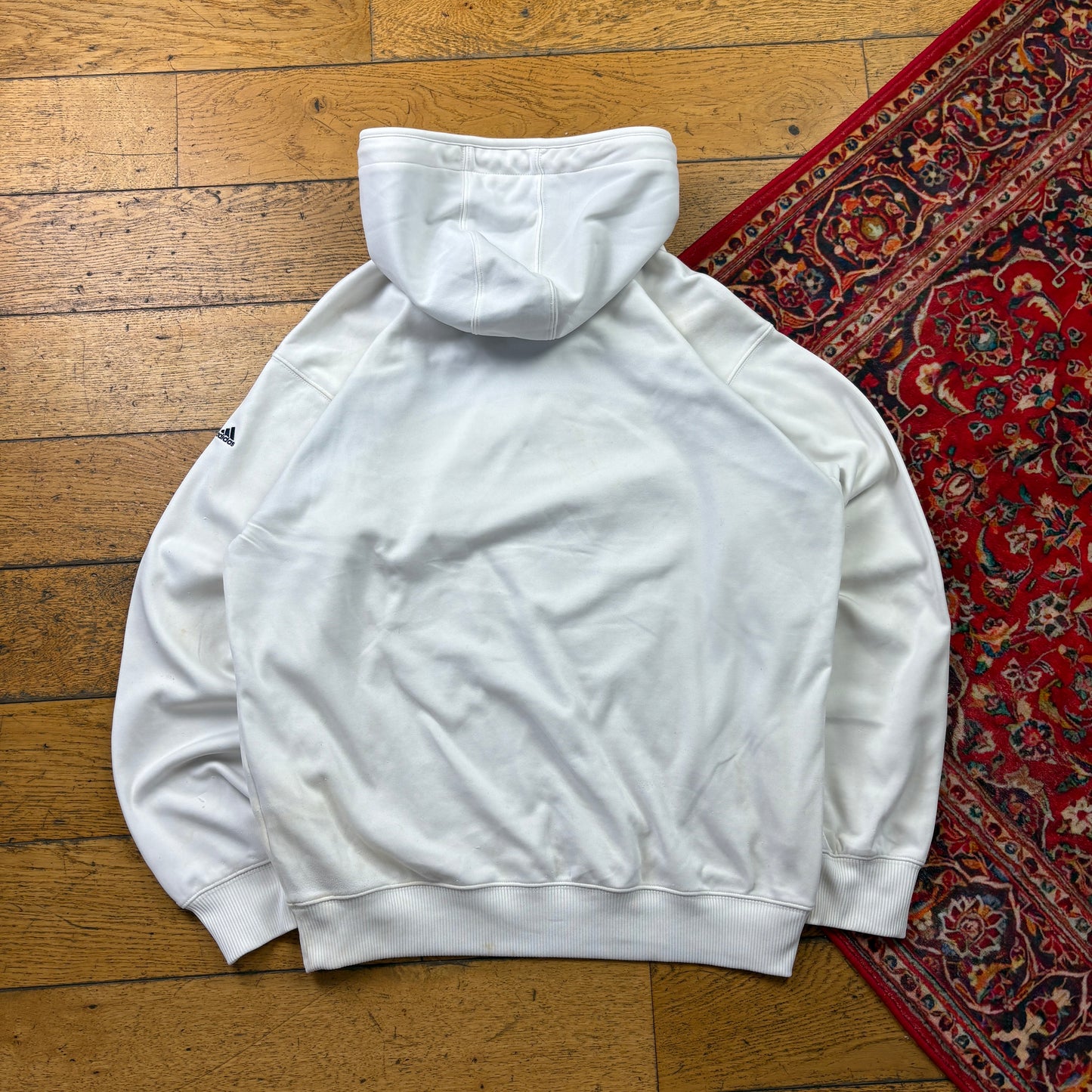 Vintage Adidas White Hoodie Embroidered Sweatshirt - L