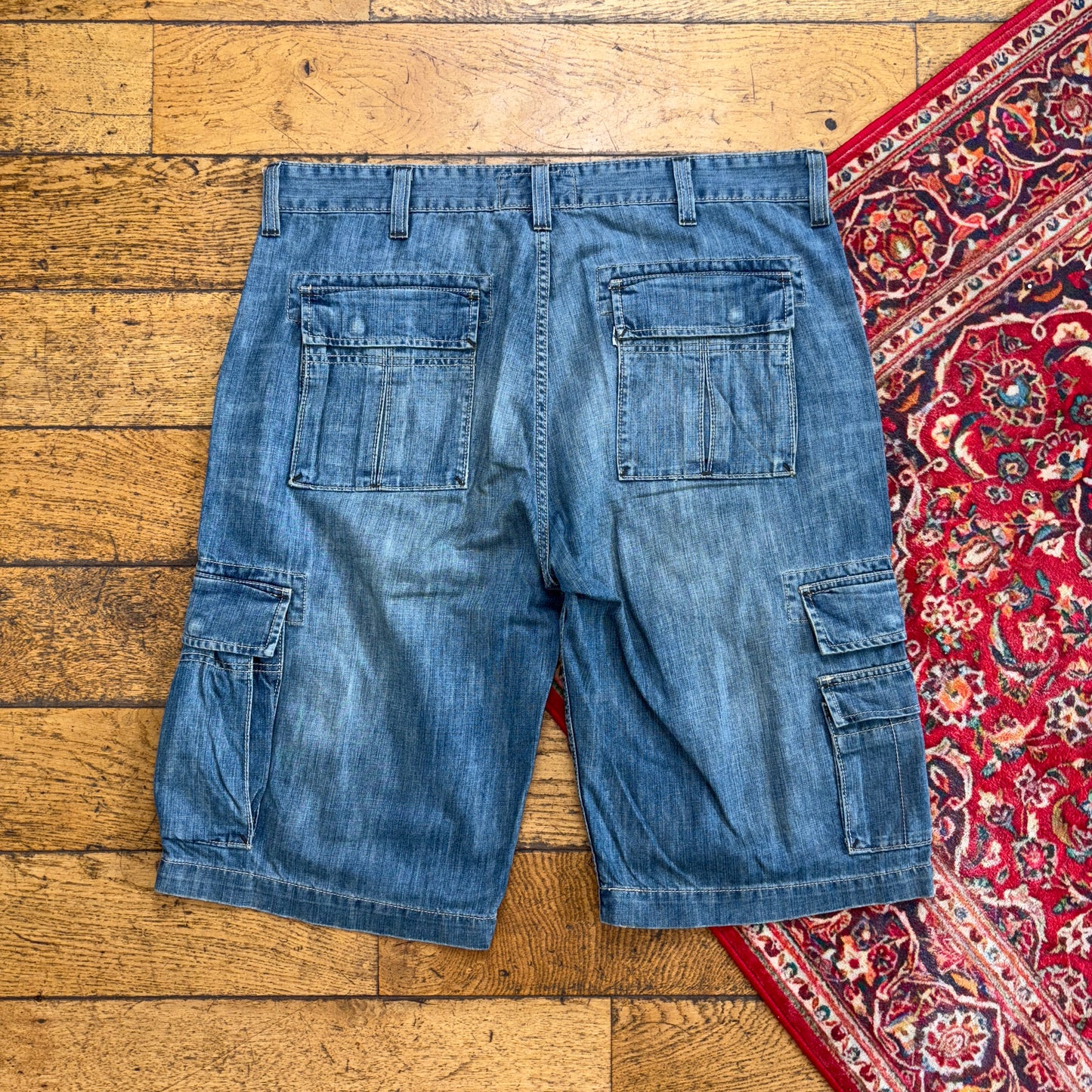 Vintage Levis Blue Baggy Cargo Denim Shorts - 40
