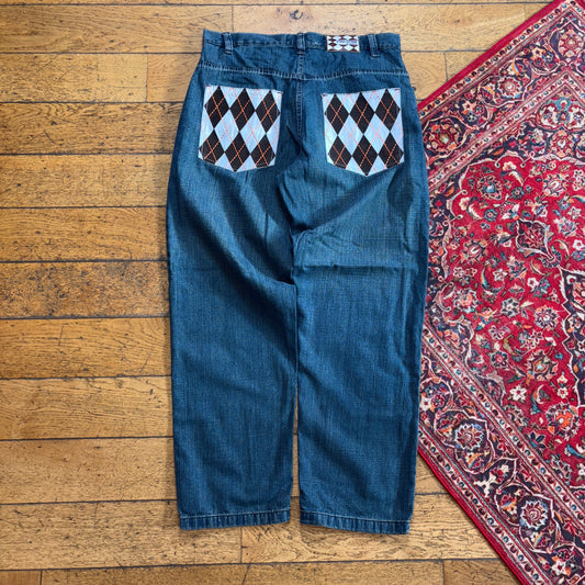 Vintage Evolution in Design Blue Embroidered Y2K Hip Hop Baggy Jeans - 36