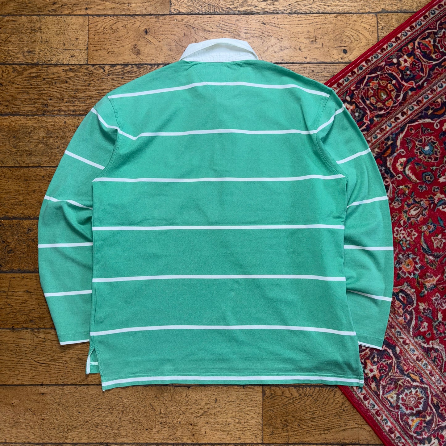 Vintage Tommy Hilfiger Green Stripe Rugby Polo Shirt - XL