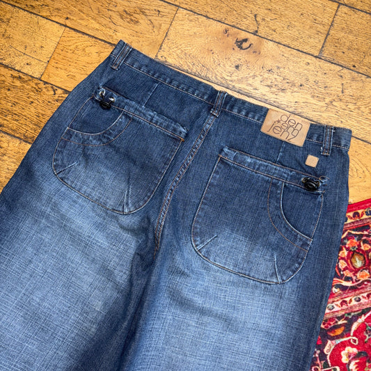 Vintage Blue Embroidered Y2K Hip Hop Baggy Jeans Shorts Jorts - 38