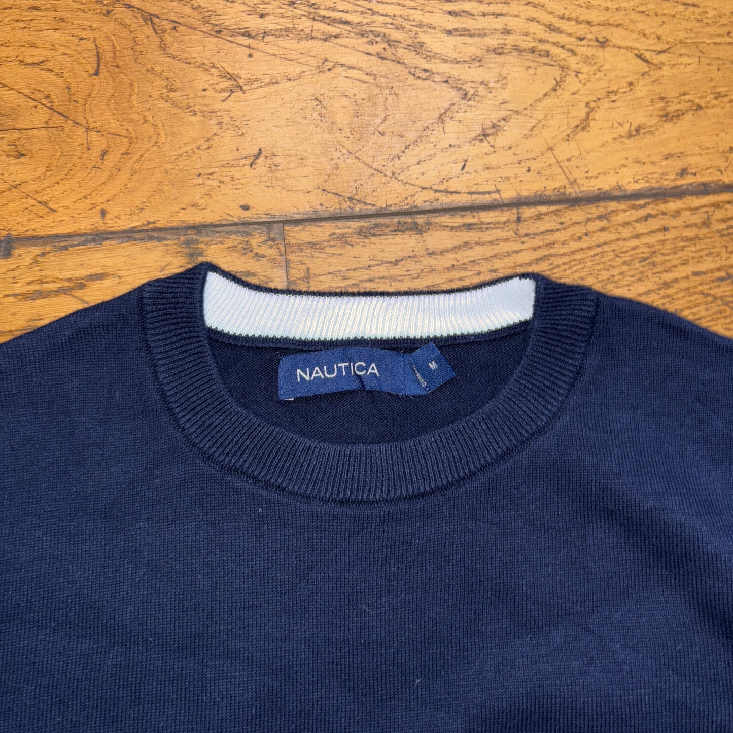 Vintage Nautica Navy Grey Stripe Embroidered Knit Jumper - S