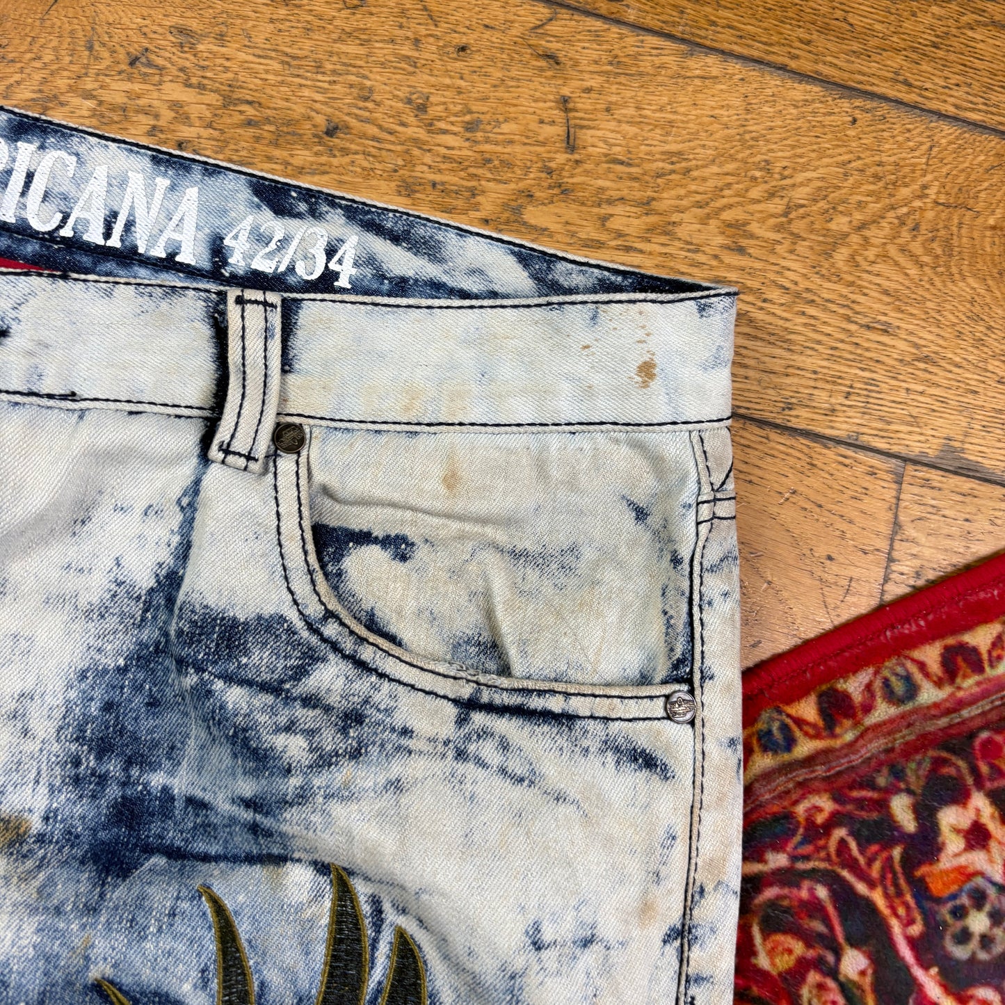 Vintage Blue Acid Bleach Wash Embroidered Y2K Hip Hop Skinny Jeans - 42