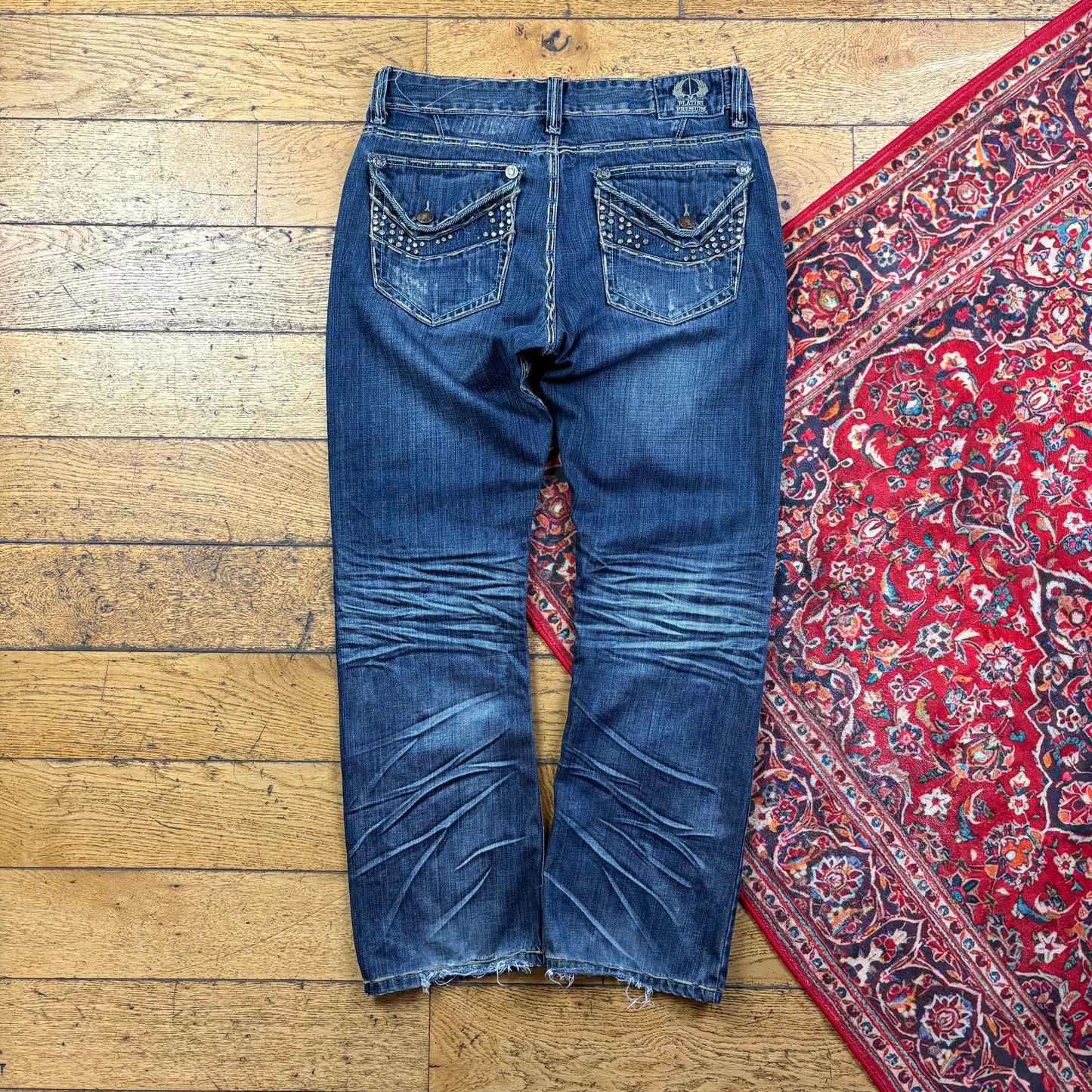 Vintage Blue Embroidered Y2K Hip Hop Baggy Jeans - 38
