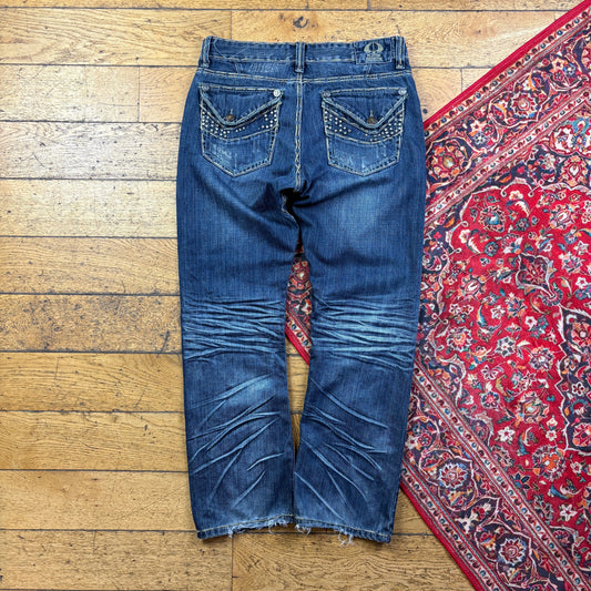 Vintage Blue Embroidered Y2K Hip Hop Baggy Jeans - 38