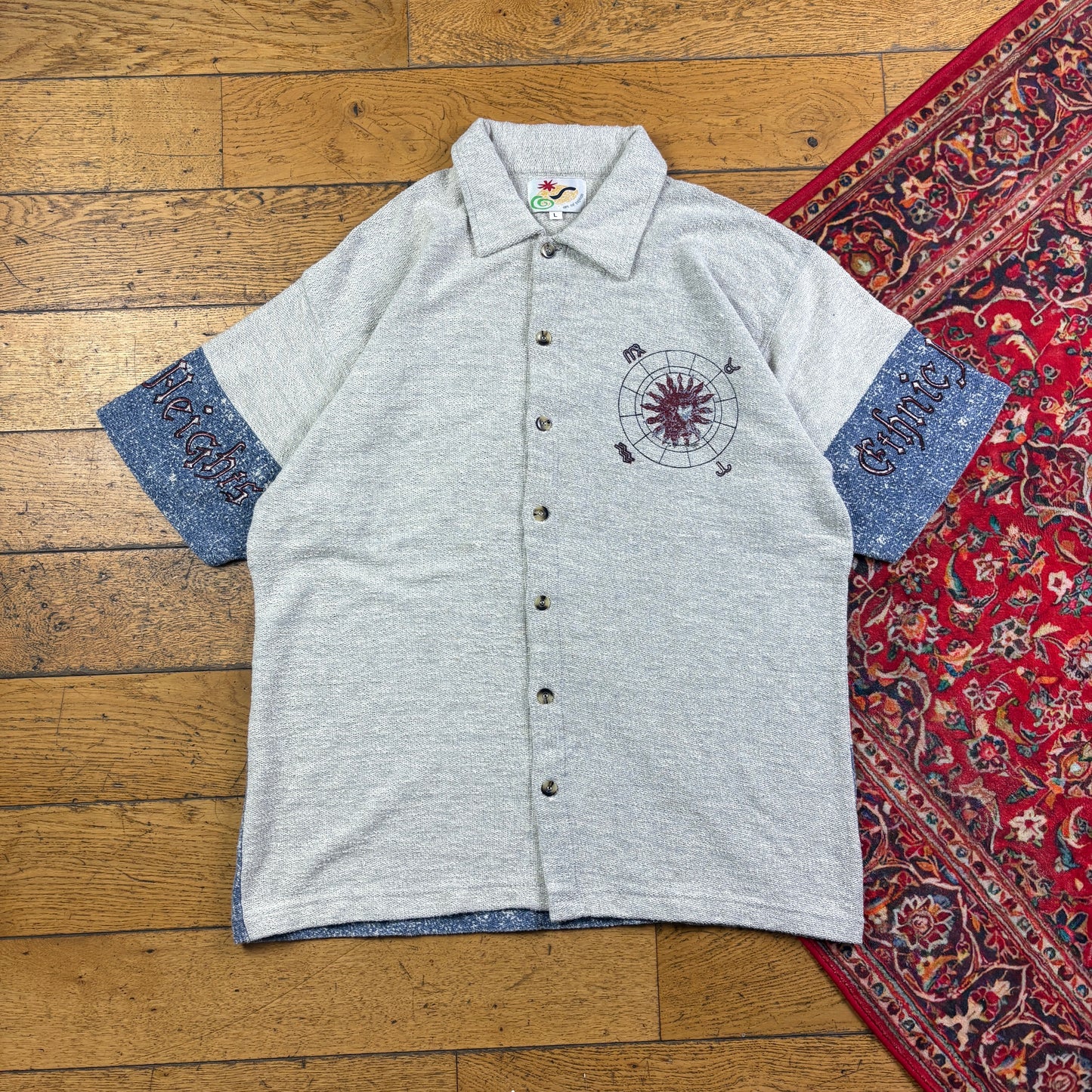 Vintage 90s Grey Blue Graphic Pattern Polo Shirt - L