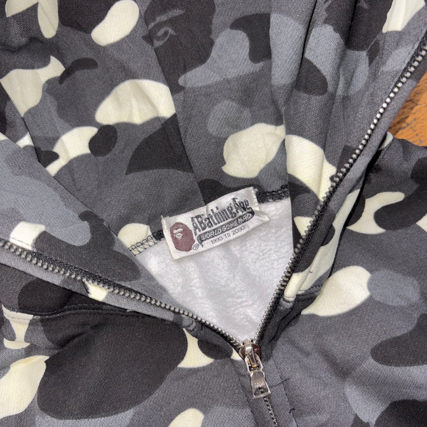 Vintage BAPE Bathing Ape Shark Camo Grey Black Hoodie Embroidered Sweatshirt - S