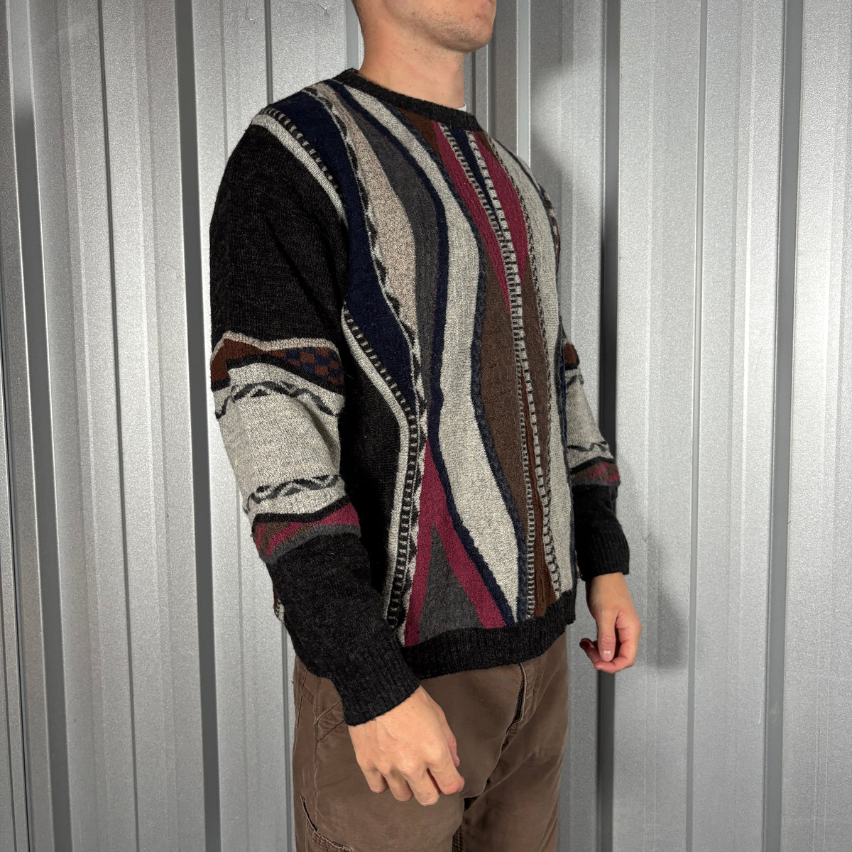 Coogi Style Funky Knit Merino Wool Black Pattern Jumper - M