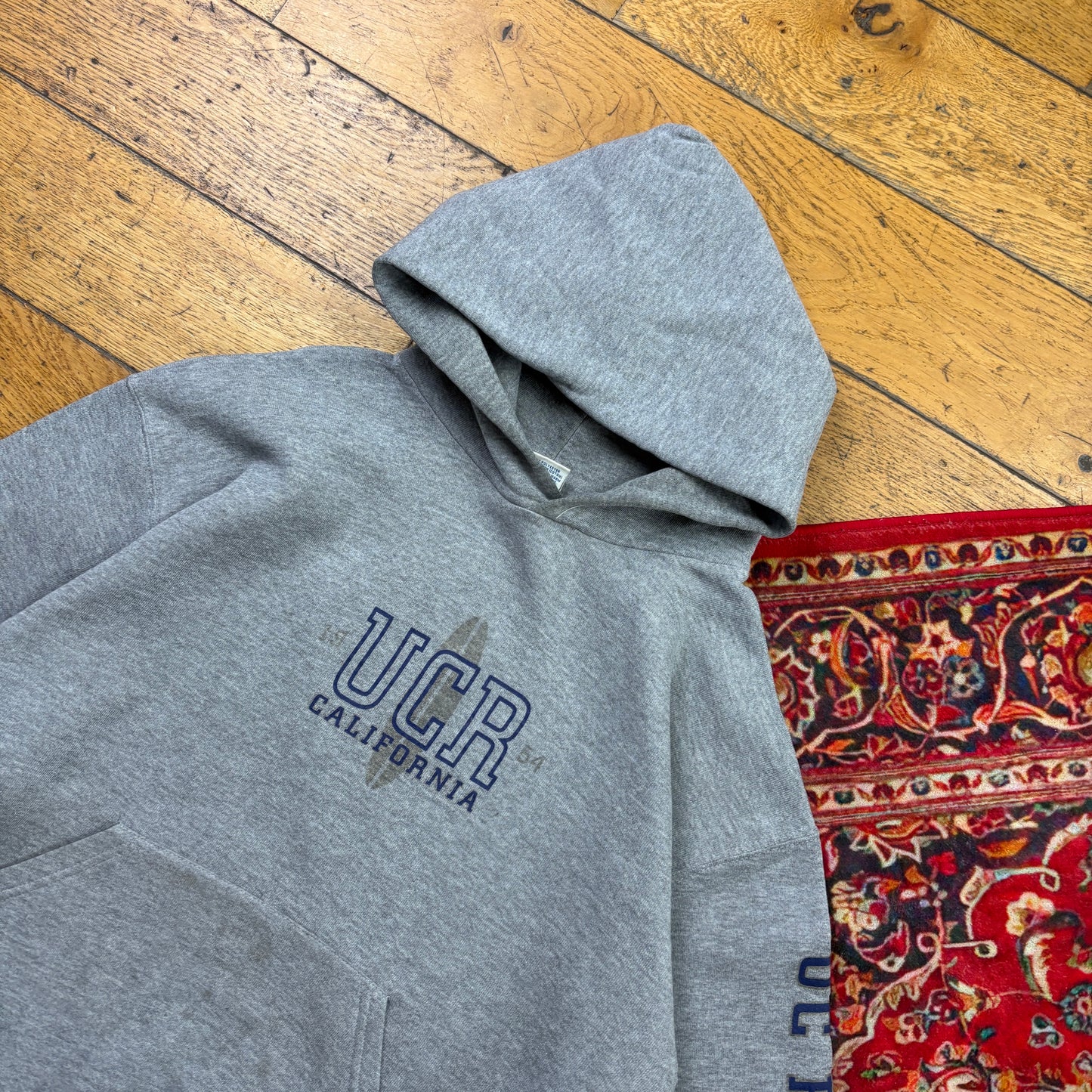 Vintage Russell Athletic Grey Surfwear USA College Hoodie Sweatshirt - M