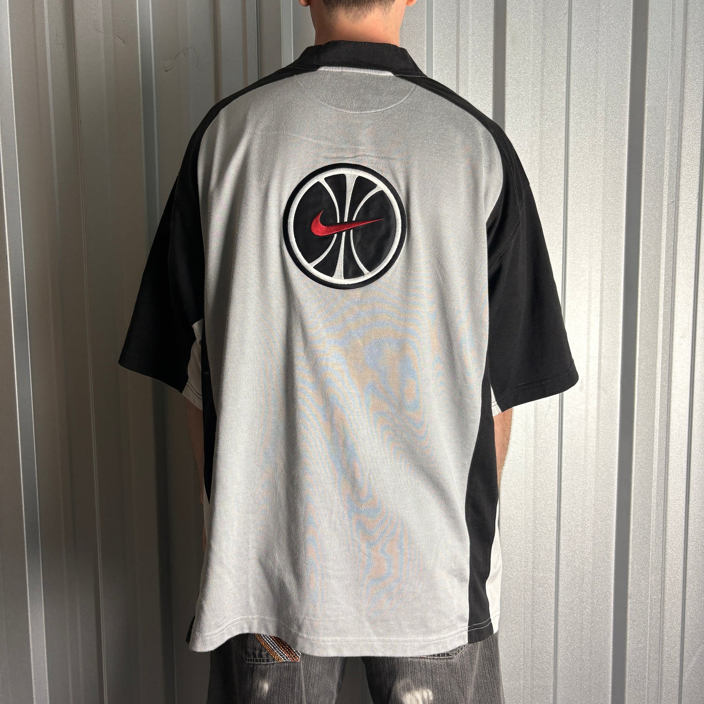 Vintage Nike 90s Basketball Grey Black Raglan Oversized Zip T-Shirt - XL