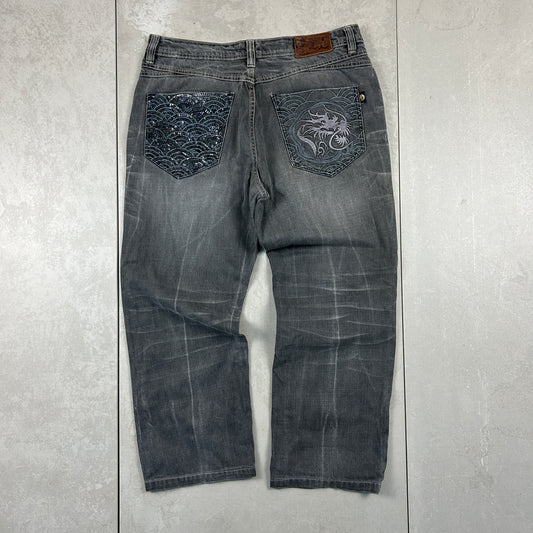 Vintage Rare Big Train Embroidered Japanese Straight Denim Jeans Grey - 36