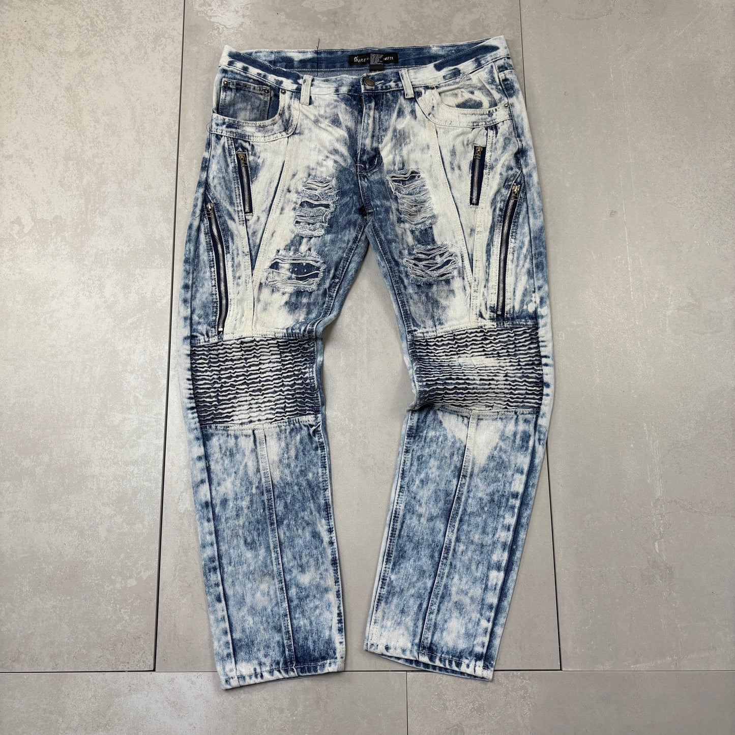 Vintage Hip Hop Moto Acid Wash Blue Straight Jeans - 40