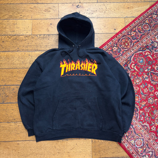 Vintage Thrasher Black Skate Flames Hoodie Sweatshirt - XL