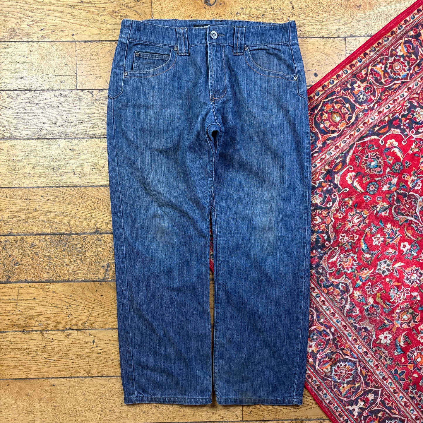 Vintage Blue Embroidered Y2K Hip Hop Baggy Jeans - 36