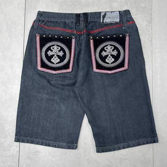 Vintage Embroidered Hip Hop Baggy Black Shorts Jorts - 34
