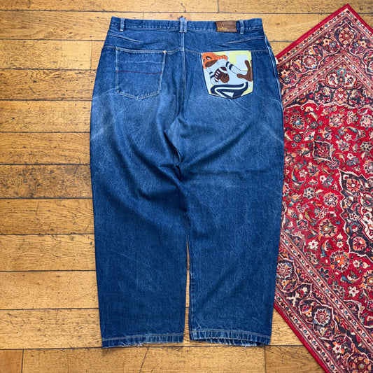 Vintage Platinum Fubu Blue Embroidered Y2K Hip Hop Baggy Jeans - 48L
