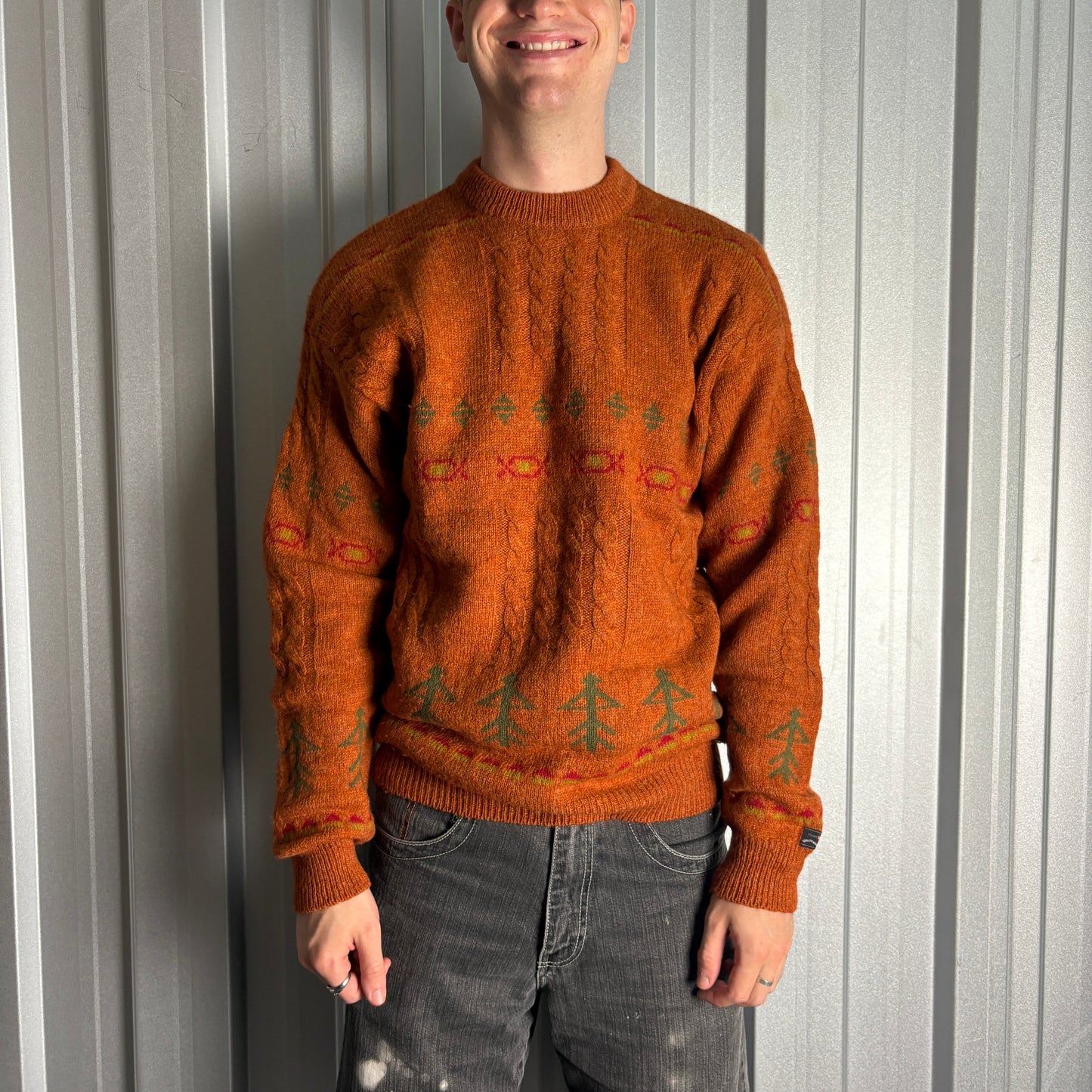 Vintage 90s Levis Orange Pattern Wool Chunky Knit Jumper - S