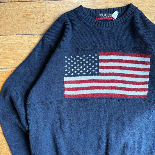 Vintage USA Flag Navy Chunky Knit Jumper - L