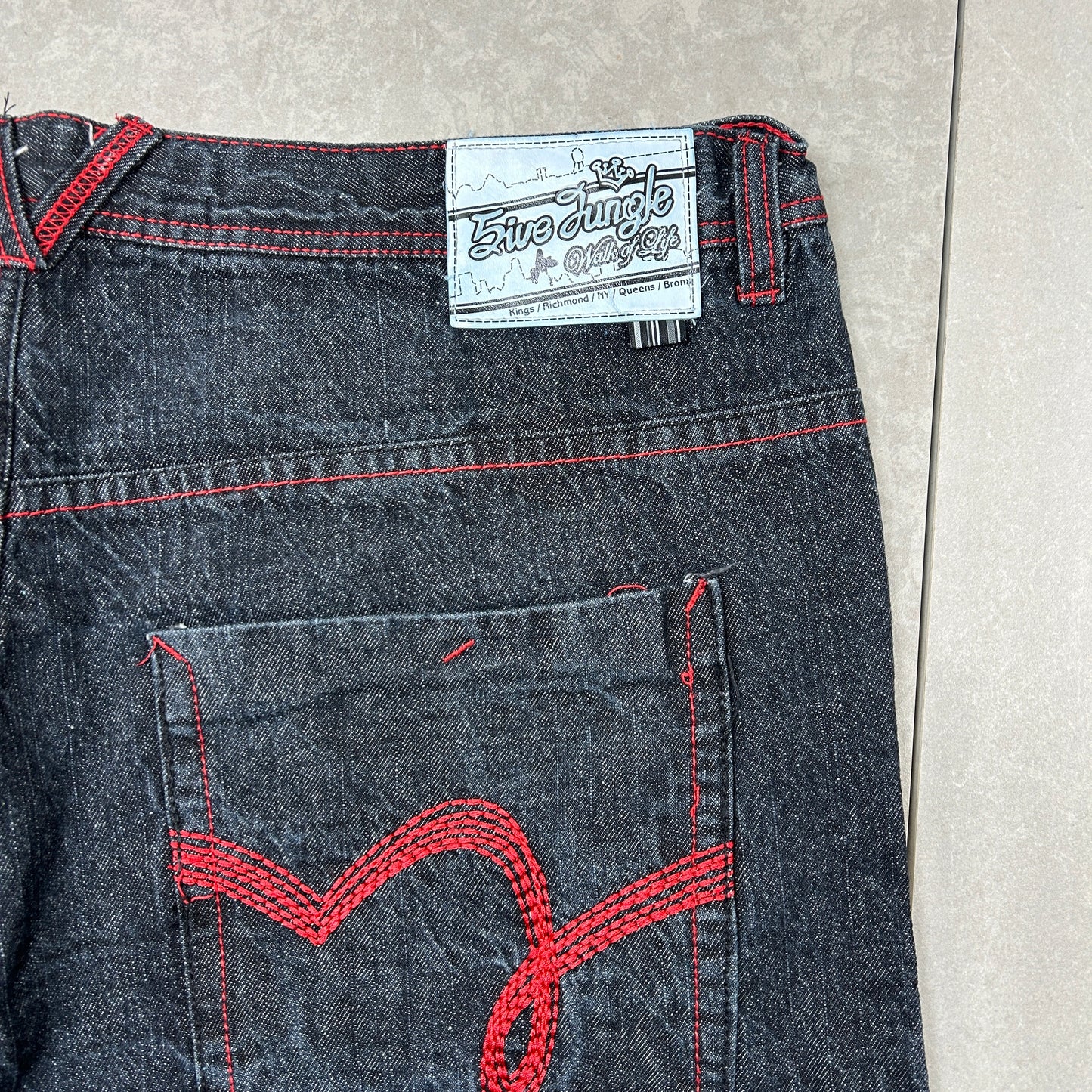 Vintage Embroidered Hip Hop Black Red Baggy Jeans - 42
