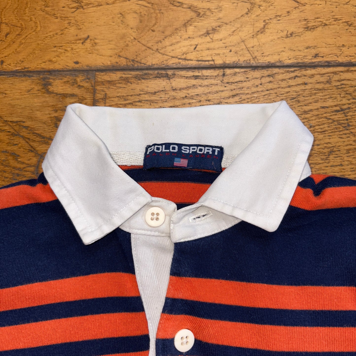 Vintage Polo Sport Ralph Lauren Orange Navy Stripe Rugby Polo Shirt - XS