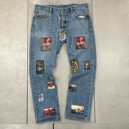 Vintage Levis 501 Patchwork Fleetwood Mac Blue Denim Straight Jeans - 38