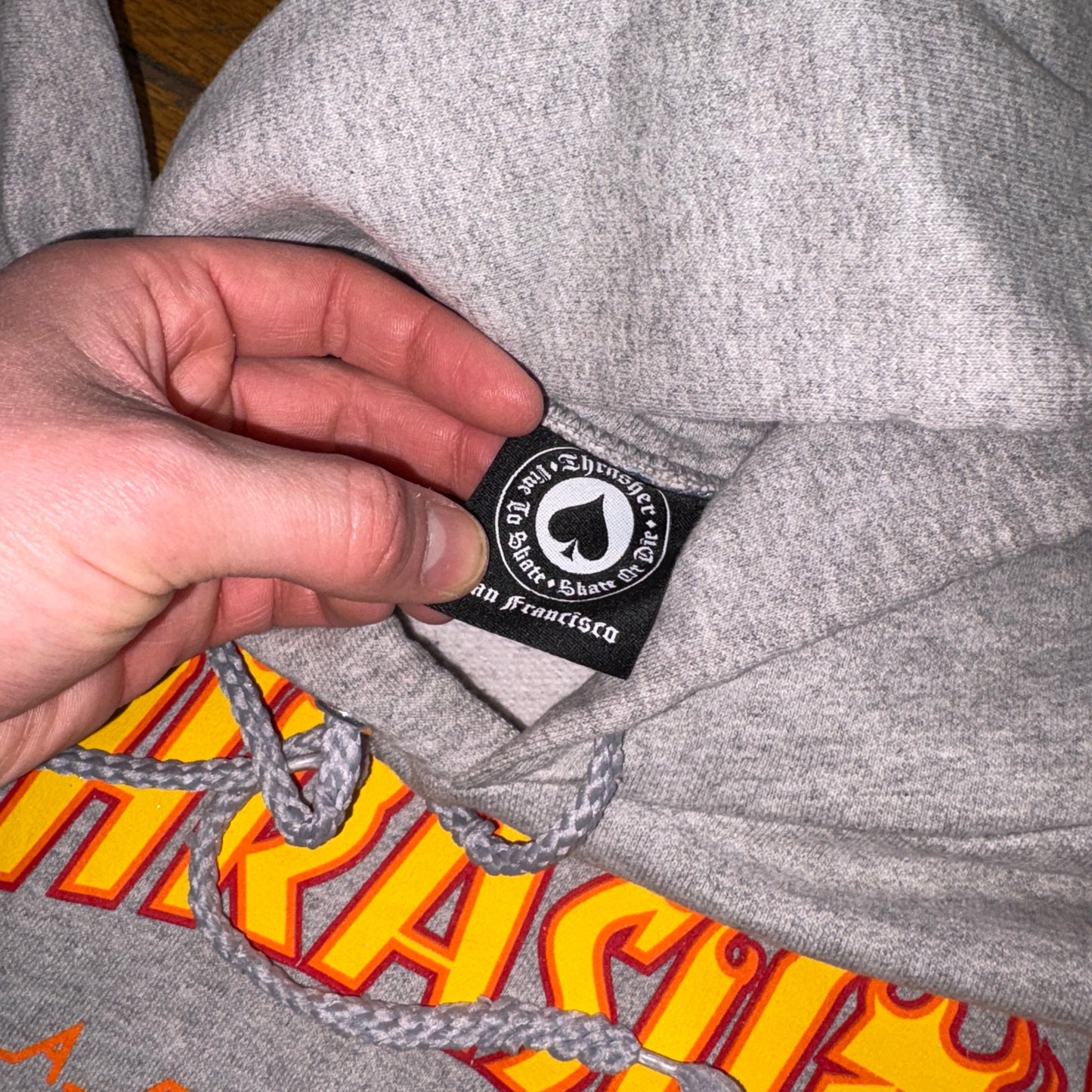 Vintage Thrasher Grey Flames Skate Hoodie Sweatshirt - S