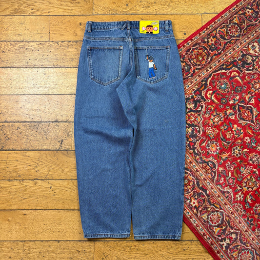 Vintage Chaos Blue Embroidered Y2K Hip Hop Baggy Jeans - 32