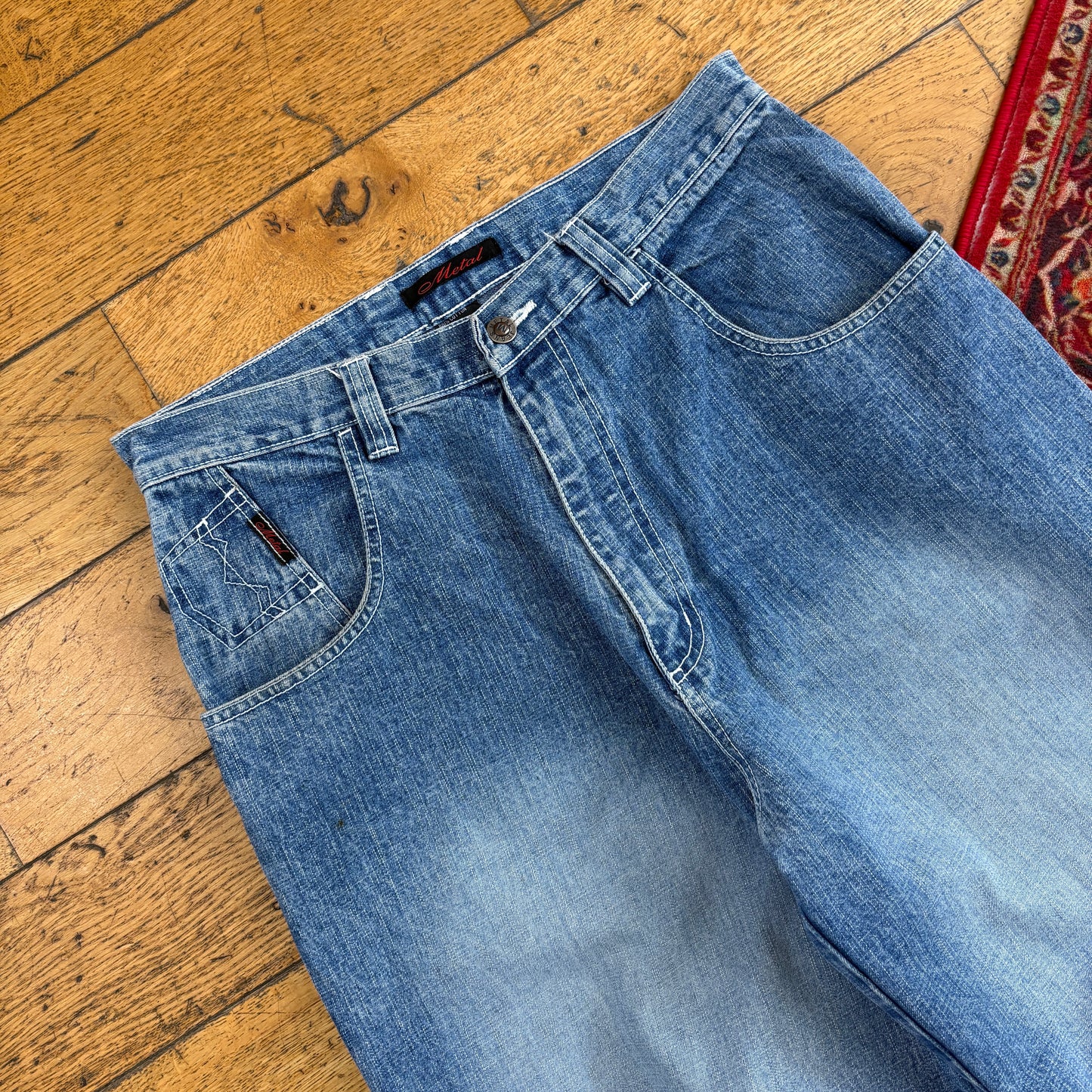 Vintage Metal Blue Carpenter Embroidered Y2K Hip Hop Baggy Jeans - 32