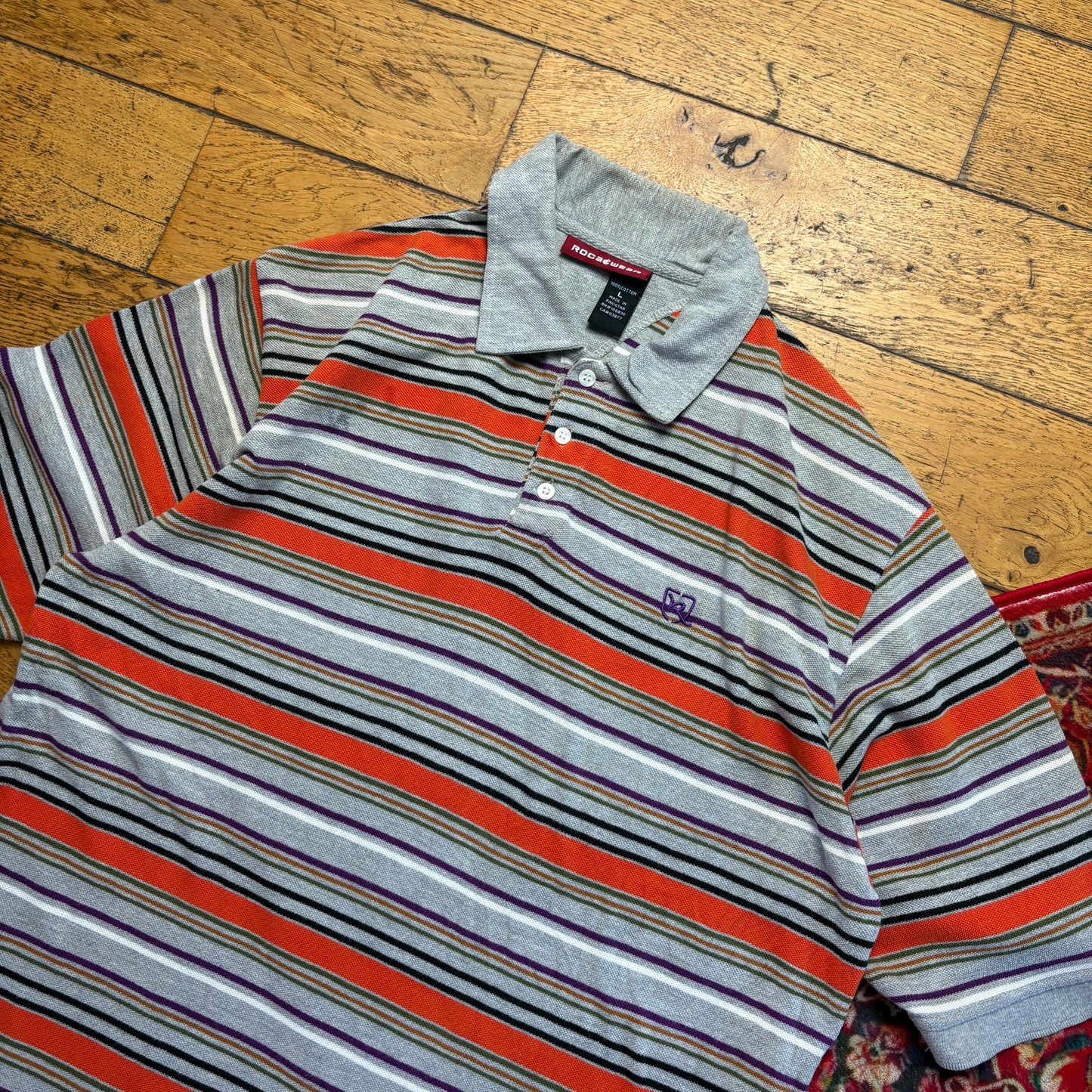 Vintage Rocawear Grey Orange Stripe Hip Hop Polo Shirt - L