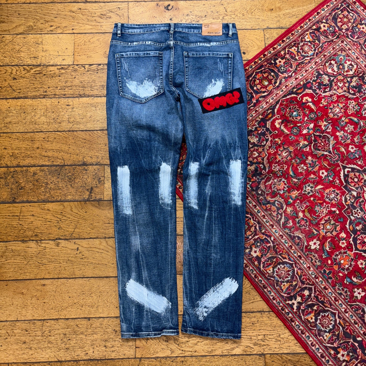 Vintage Blue Embroidered Y2K Hip Hop Straight Jeans - 34R