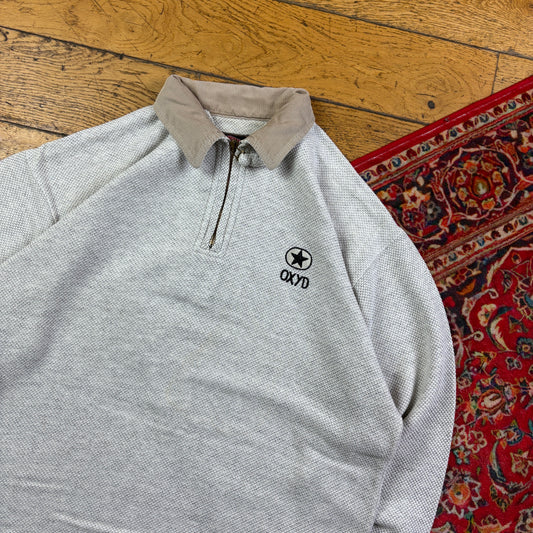 Vintage 90s Grey Quarter Zip Waffle Embroidered Sweatshirt - XL